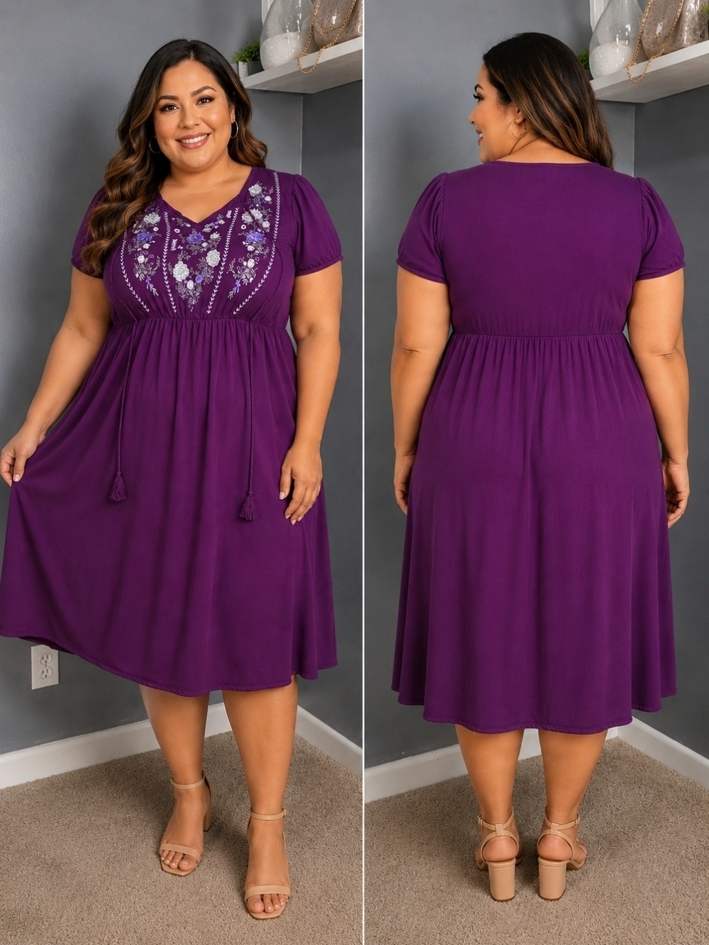 BloomChic Deep Purple Embroidered Midi Dress